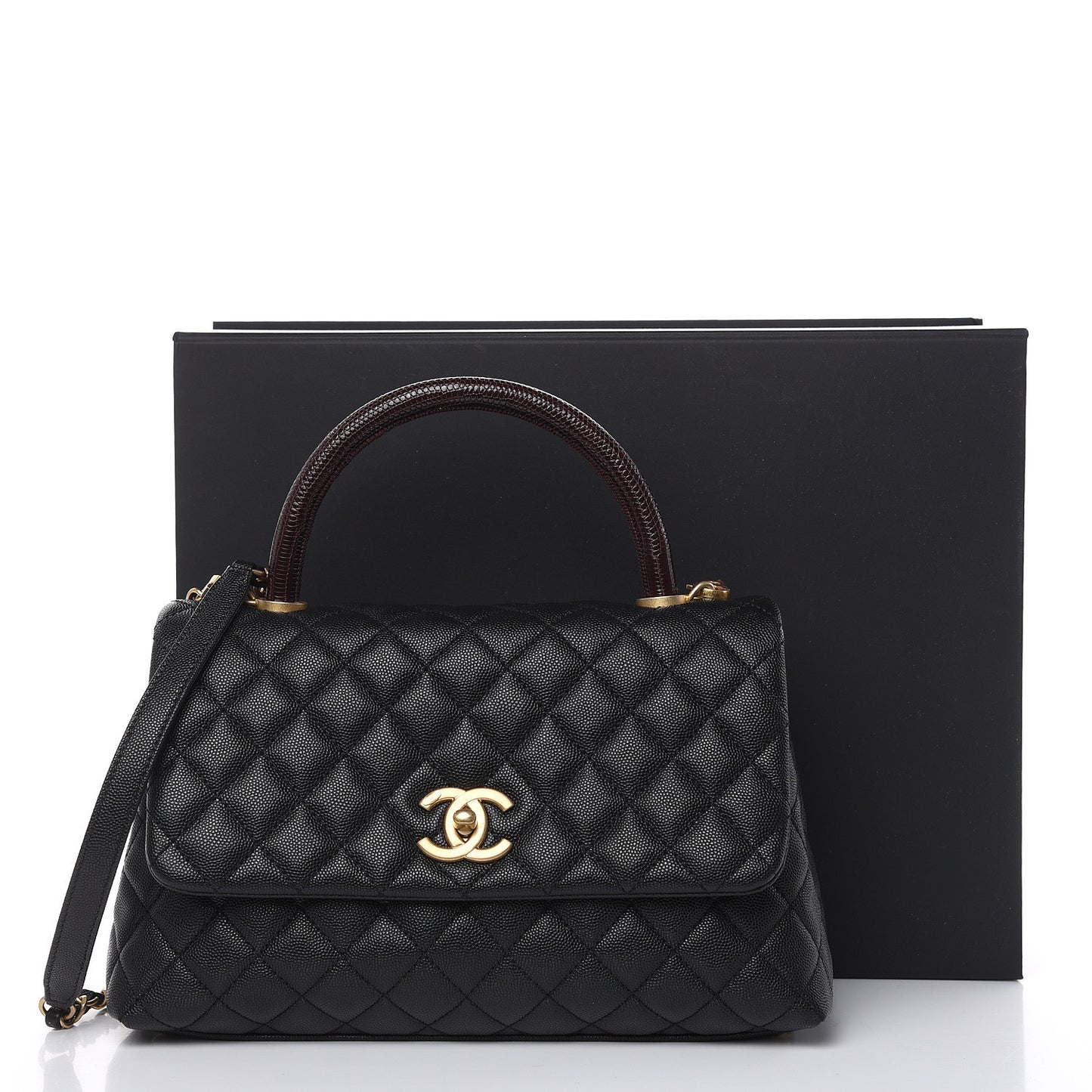 Caviar Lizard Embossed Quilted Small Coco Handle Flap Black