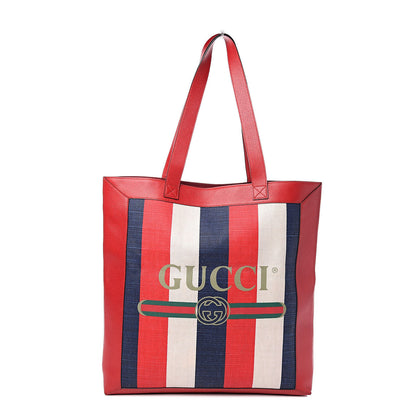 Gucci Canvas Calfskin Sylvie Stripe Logo Mens Tote Red White Blue 1 of 9