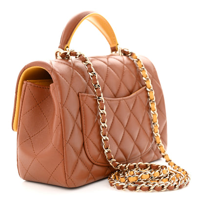 Chanel Lambskin Quilted Bi-Color Mini Top Handle Rectangular Flap Light Brown Yellow 3 of 11