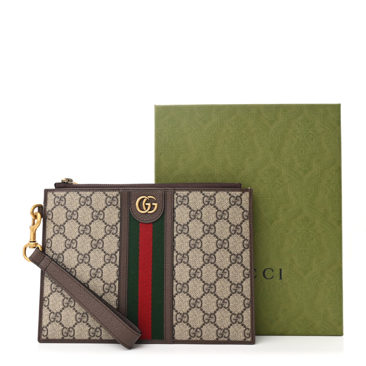 GG Supreme Monogram Web Ophidia Wristlet Pouch Brown