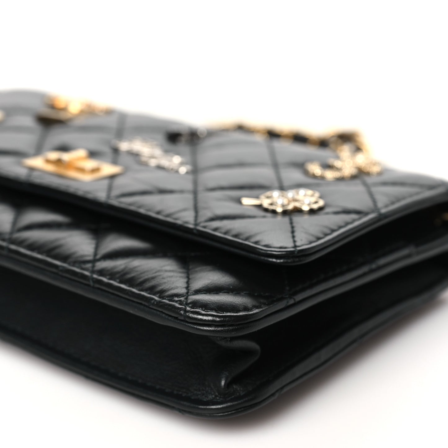 Aged Calfskin Quilted Lucky Charms 2.55 Reissue Wallet On Chain WOC Black