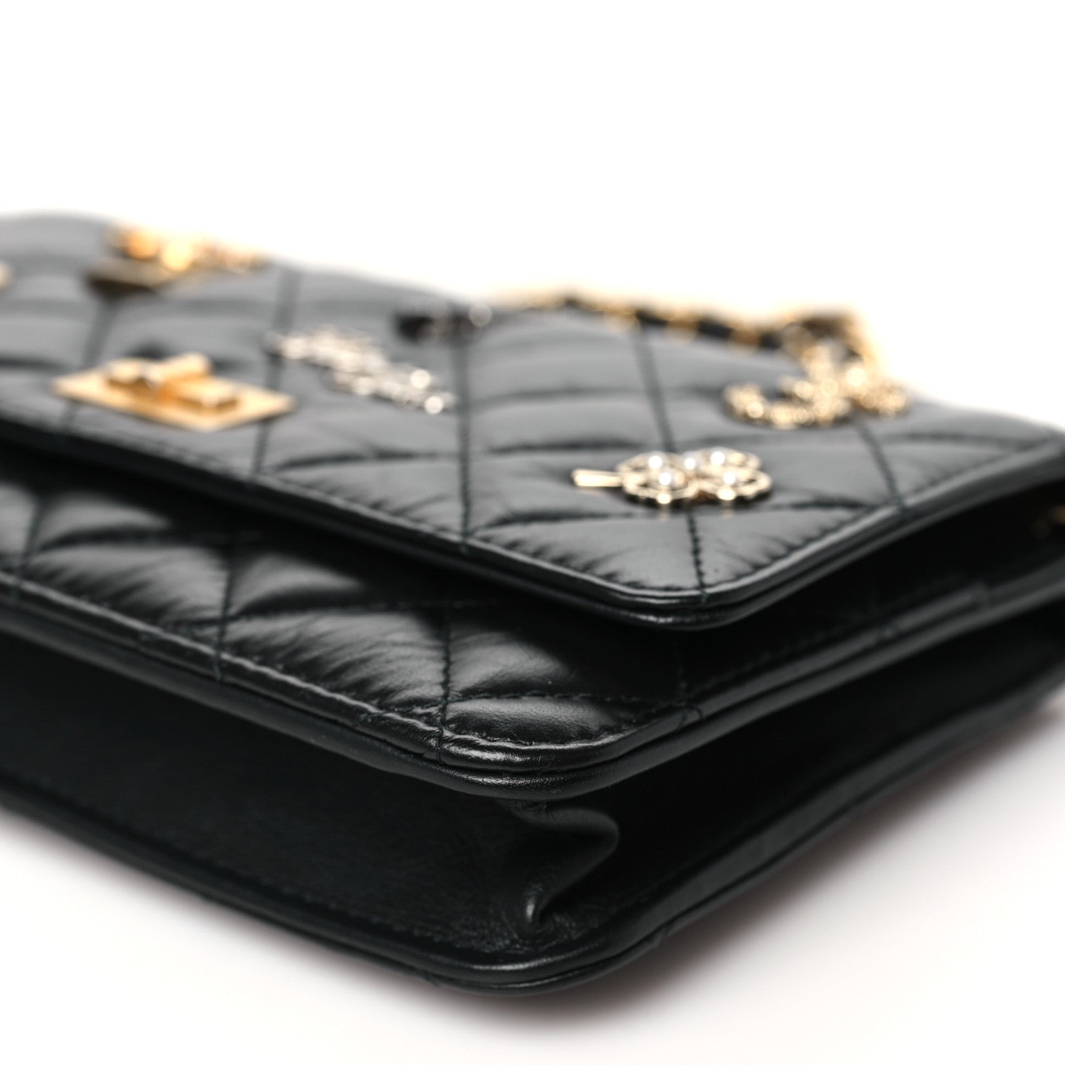 Chanel Aged Calfskin Quilted Lucky Charms 2.55 Reissue Wallet On Chain WOC Black 11 of 12
