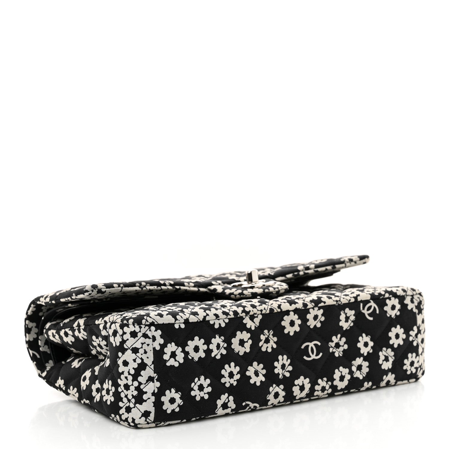 Chanel Canvas Floral Printed Quilted Medium Double Flap Black White 4 of 11