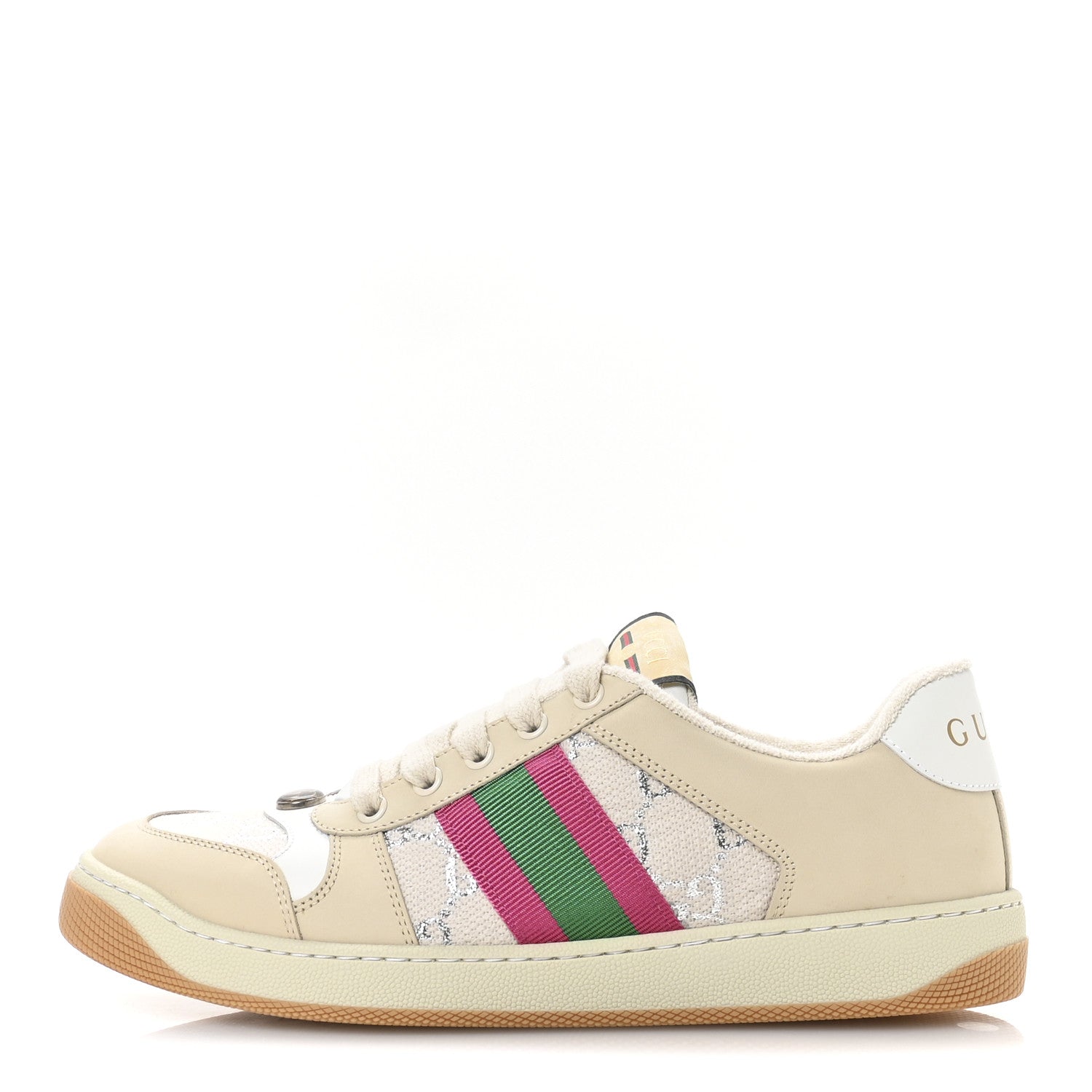 Gucci Calfskin Lame GG Monogram Web Womens Screener Sneakers 39.5 Gardenia Silver Dusty Milk White 1 of 9
