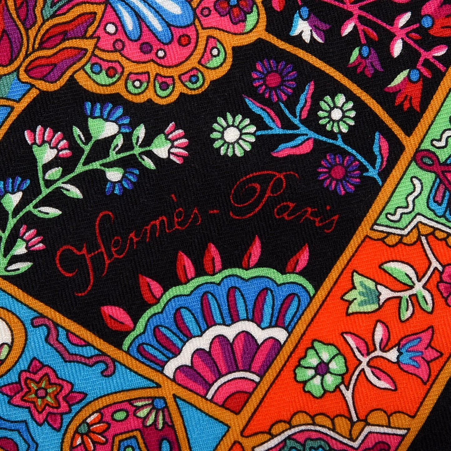 Cashmere Silk Au Pays Des Oiseaux Fleurs Shawl 140 Noir Fuchsia Vert