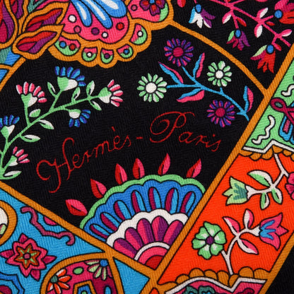 Hermes Cashmere Silk Au Pays Des Oiseaux Fleurs Shawl 140 Noir Fuchsia Vert 3 of 6