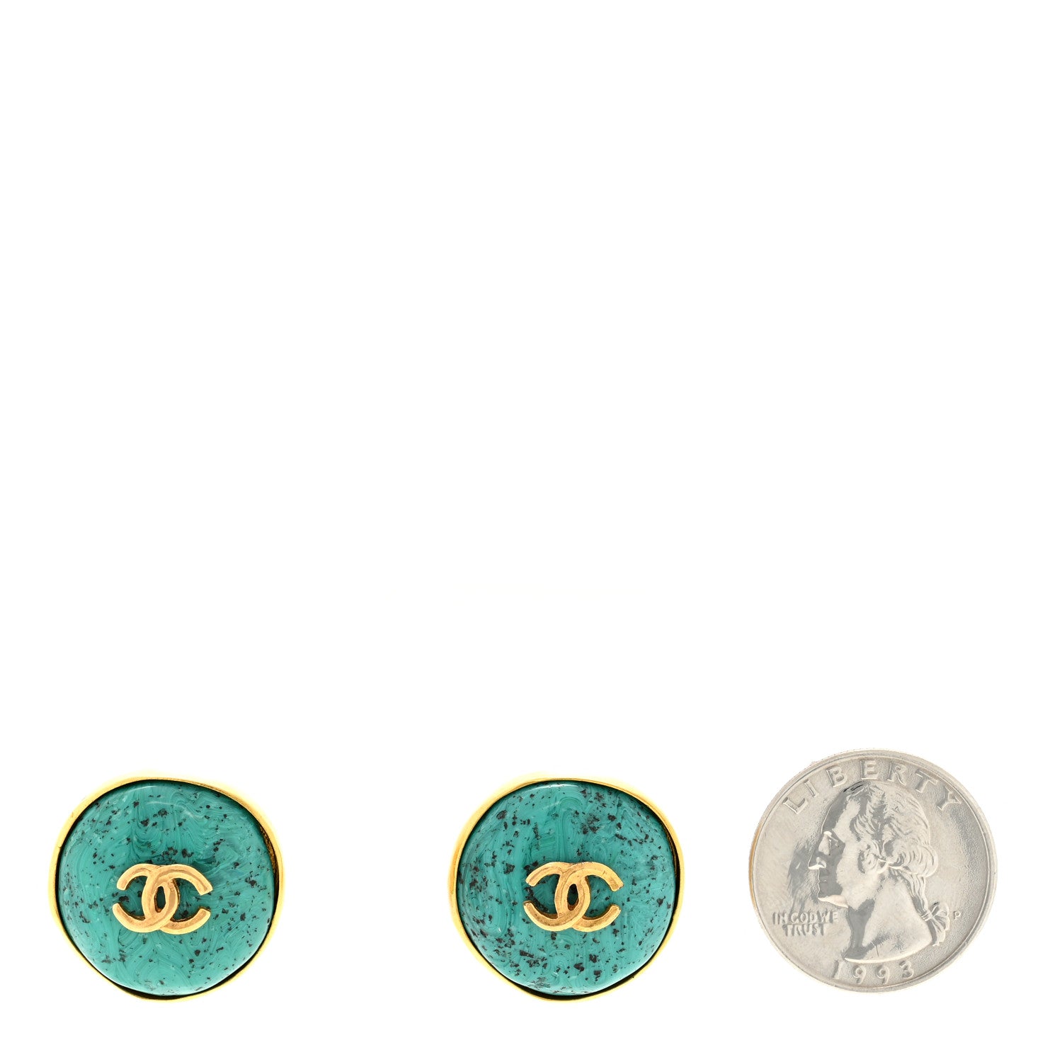 Chanel Metal Resin Marble CC Clip On Earrings Gold Turquoise 2 of 4