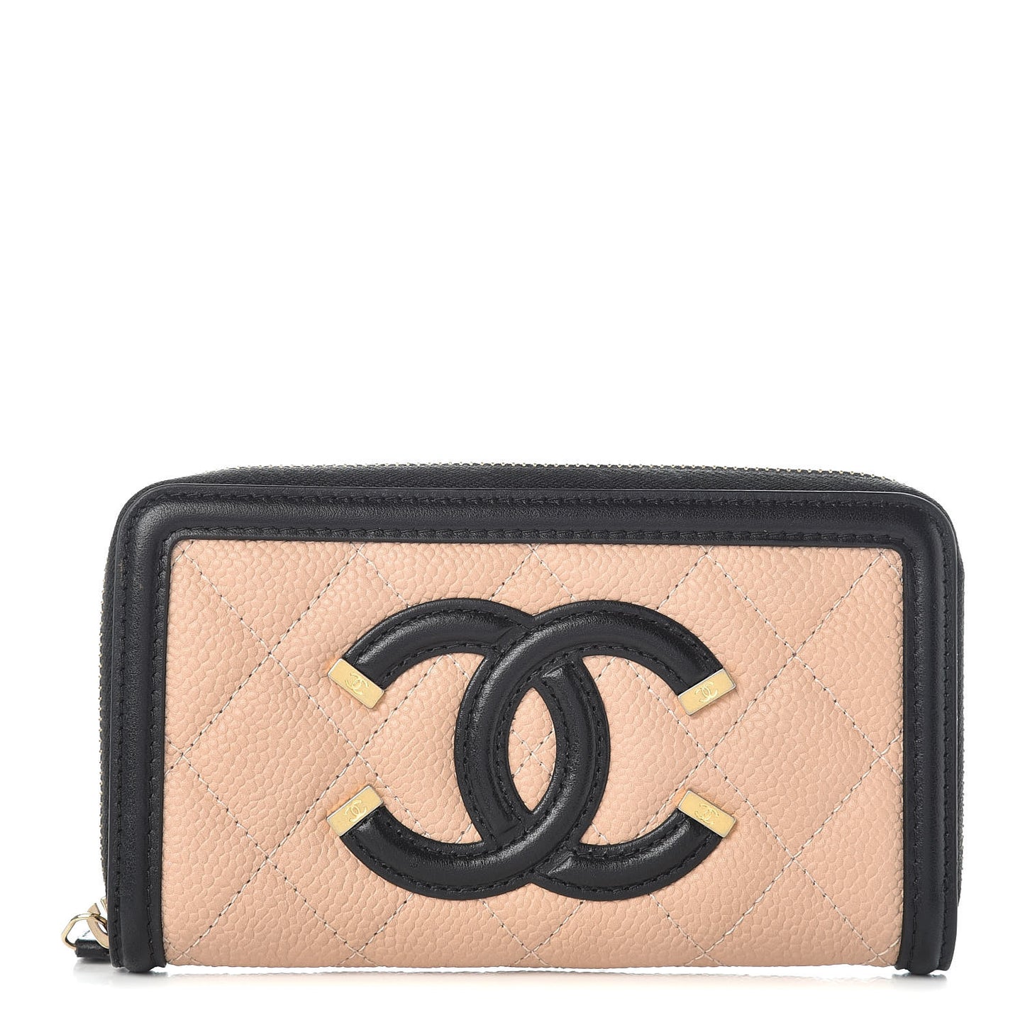 Caviar Quilted Small Filigree Zip Around Wallet Beige Black
