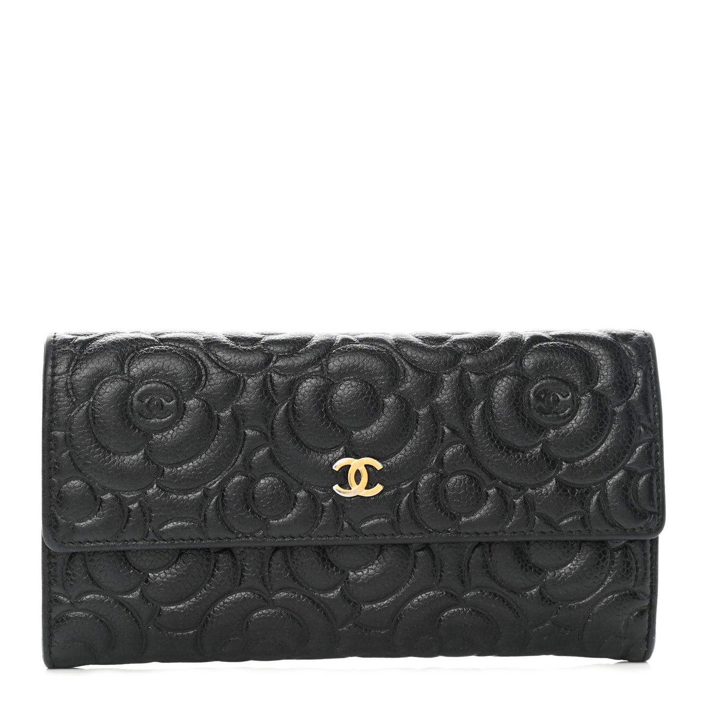 Caviar Camellia Embossed Flap Wallet Black