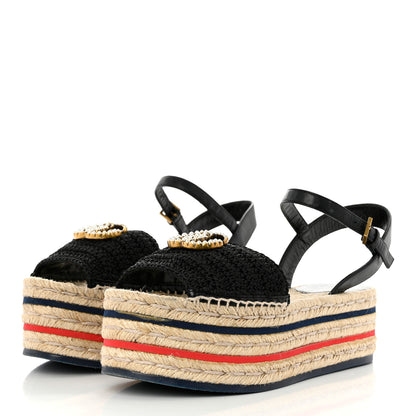 Gucci Cotton Malaga Kid Crochet Pearly GG Lilibeth Espadrille Platform Sandals 35.5 Black 3 of 9