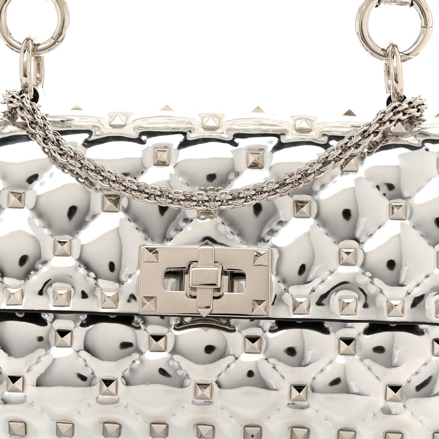 Metallic Patent Quilted Small Rockstud Spike Shoulder Bag Silver