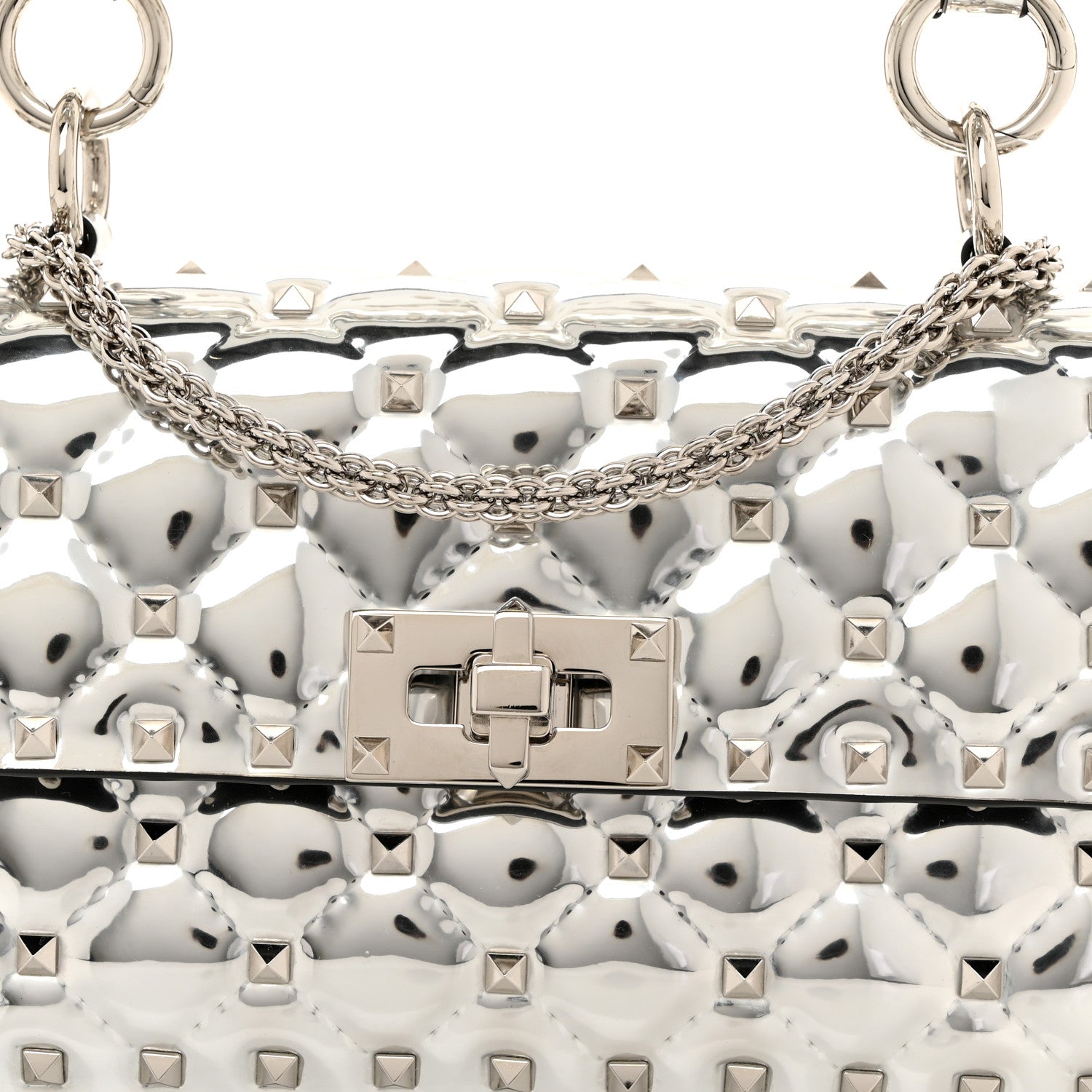 Valentino Garavani Metallic Patent Quilted Small Rockstud Spike Shoulder Bag Silver 7 of 9