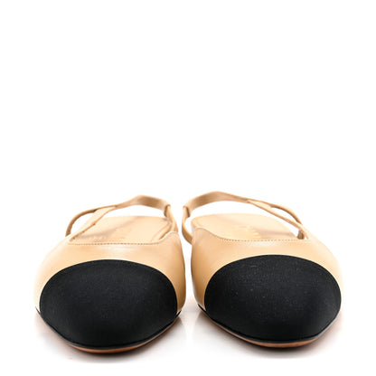 Chanel Goatskin Grosgrain Cap Toe CC Slingback Sandals 36 Beige Black 2 of 10