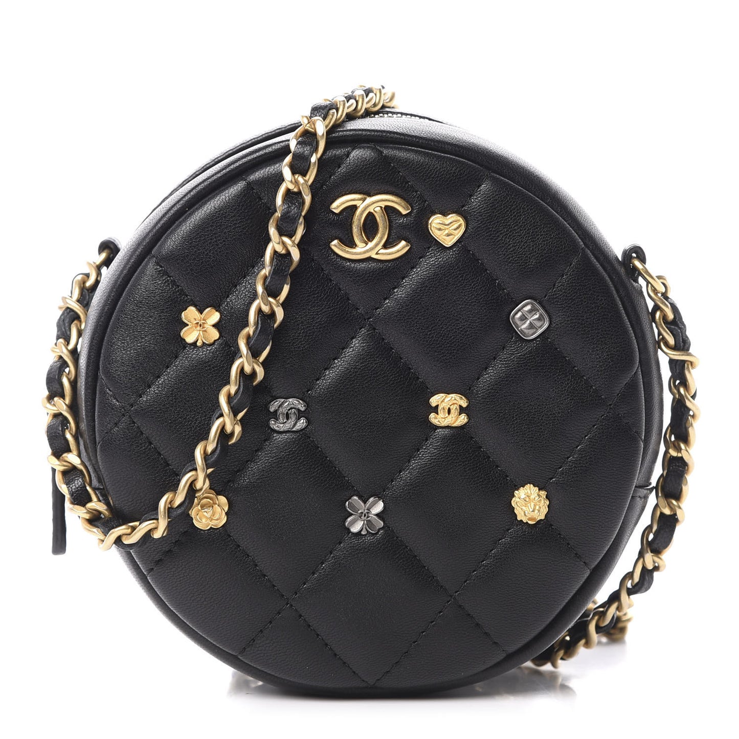 Lambskin Quilted Studded Round Clutch With Chain Black