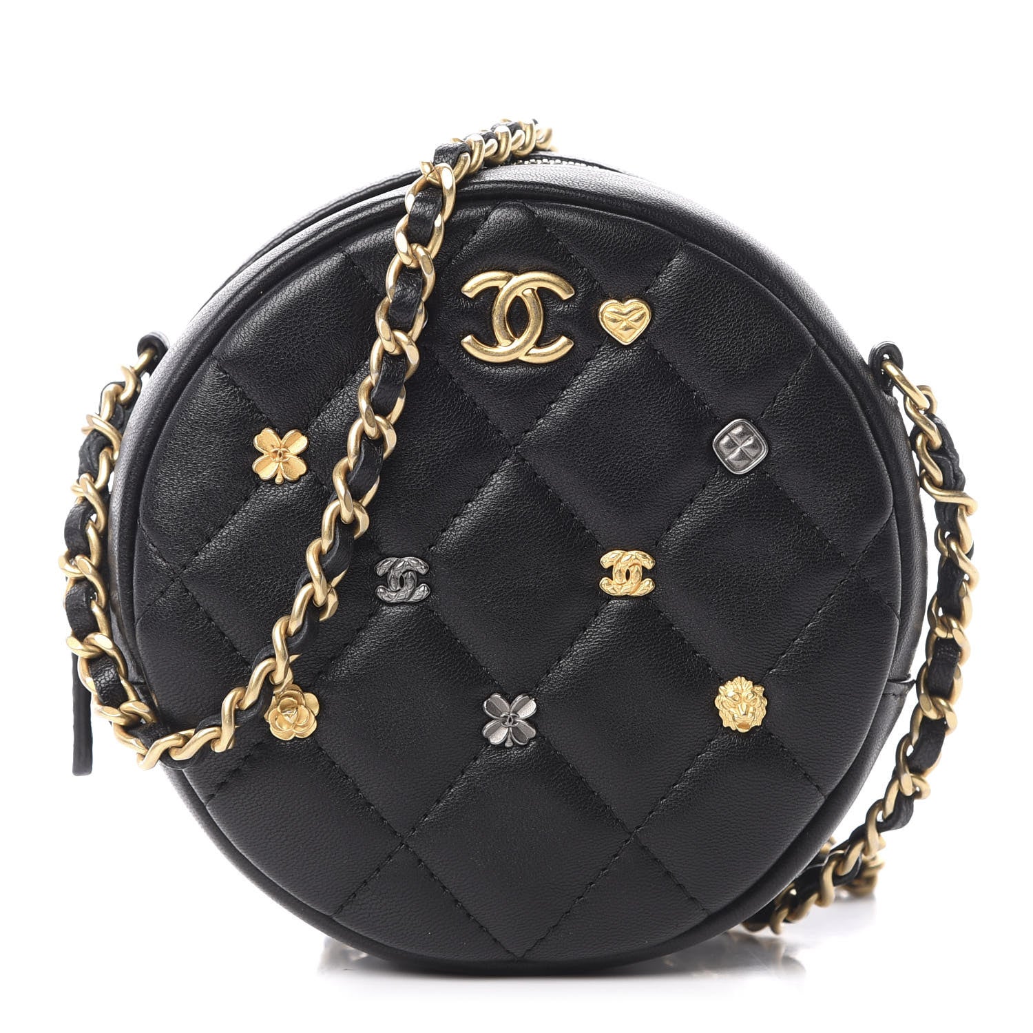 Chanel Lambskin Quilted Studded Round Clutch With Chain Black 1 of 10