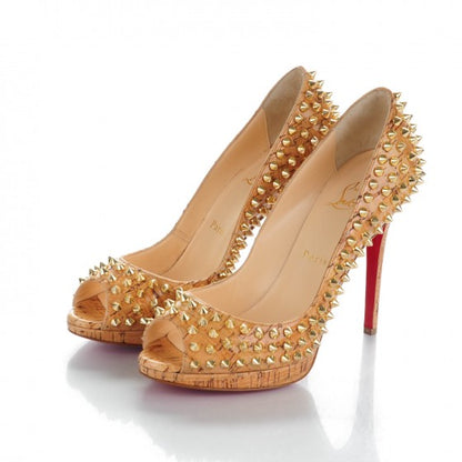 Christian Louboutin Shiny Cork Yolanda Spikes 120 Pumps 38 Natural 3 of 7