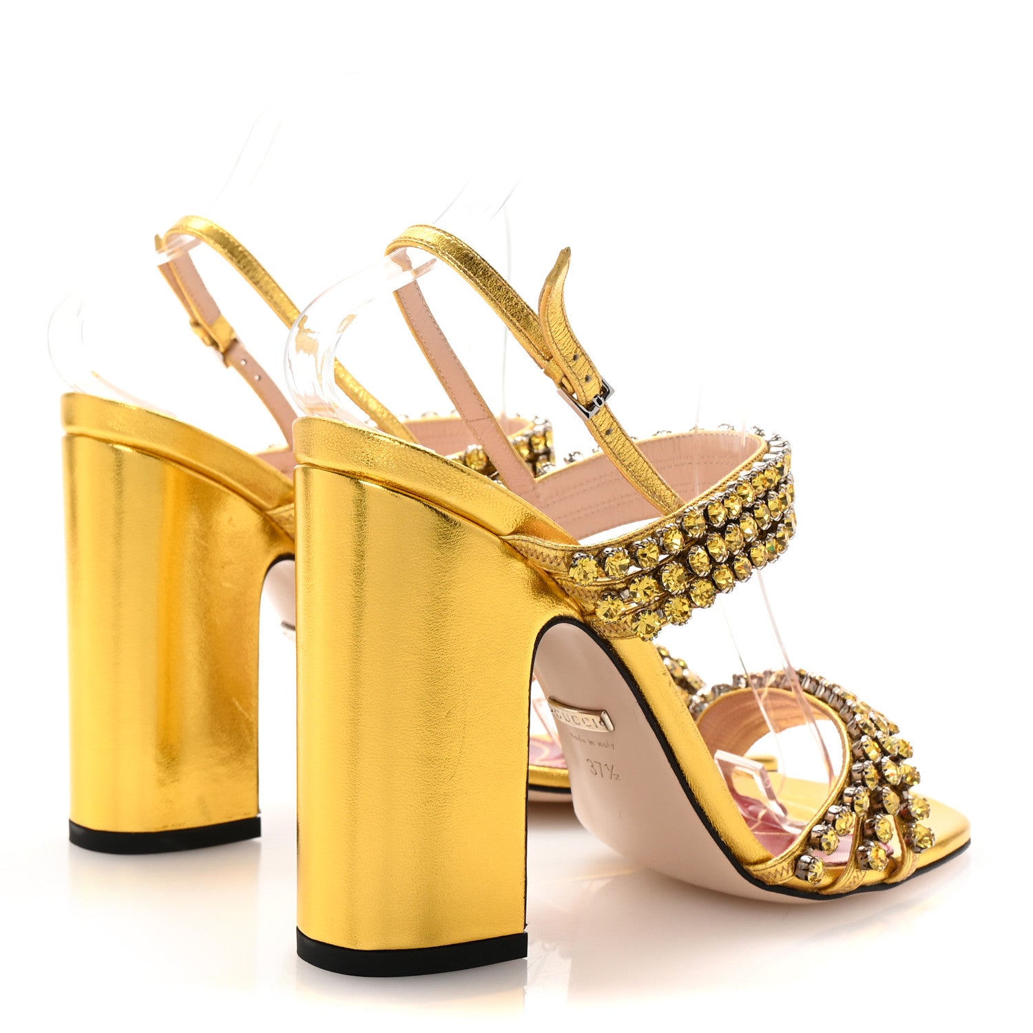 Gucci Nappa Silk Crystal Bertie High Heel Sandals 37.5 Gold 5 of 9