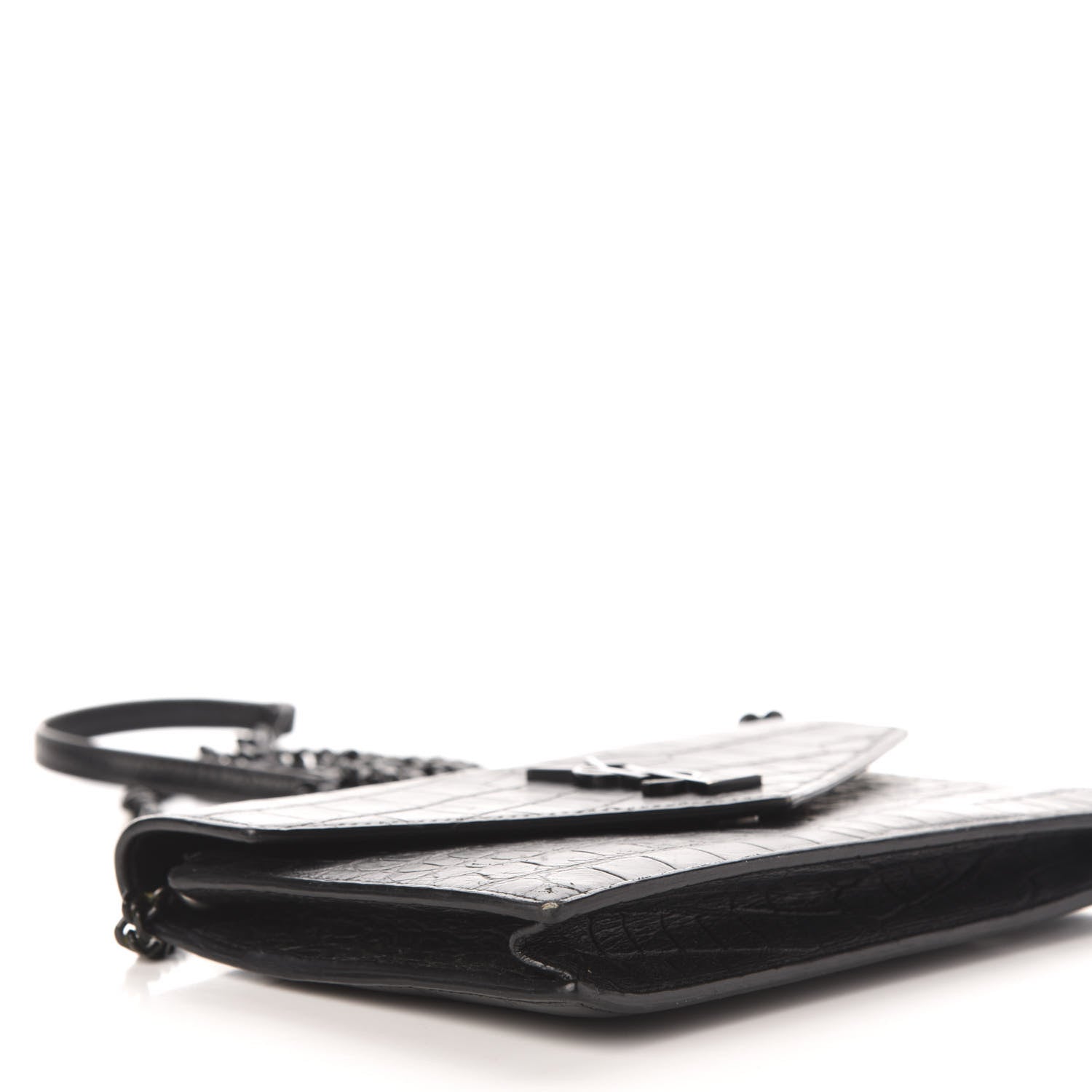 Saint Laurent Calfskin Crocodile Embossed Monogram Envelope Chain Wallet Black 10 of 12