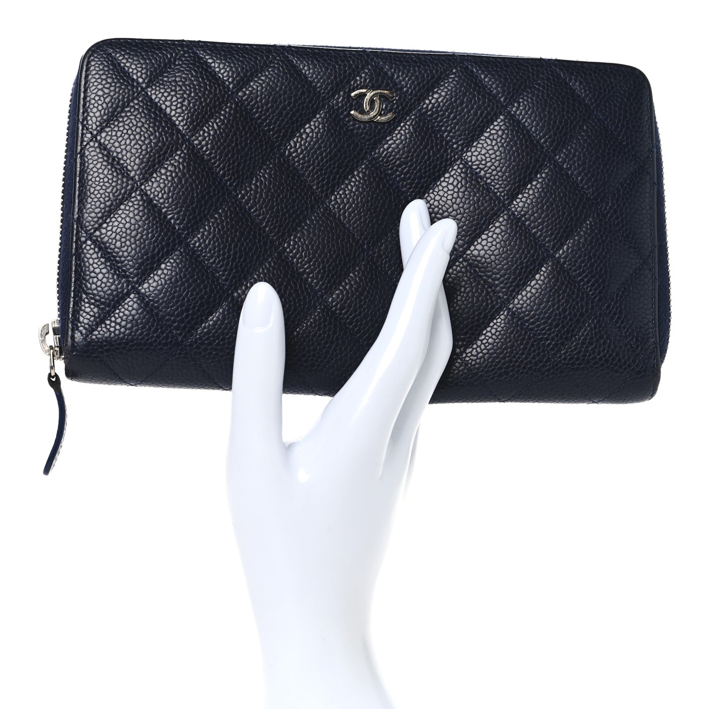 Caviar Quilted Large Zip Around Organizer Wallet Navy
