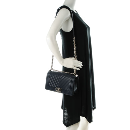 Chanel Calfskin Chevron Quilted Medium Boy Flap Dark Navy 2 of 8