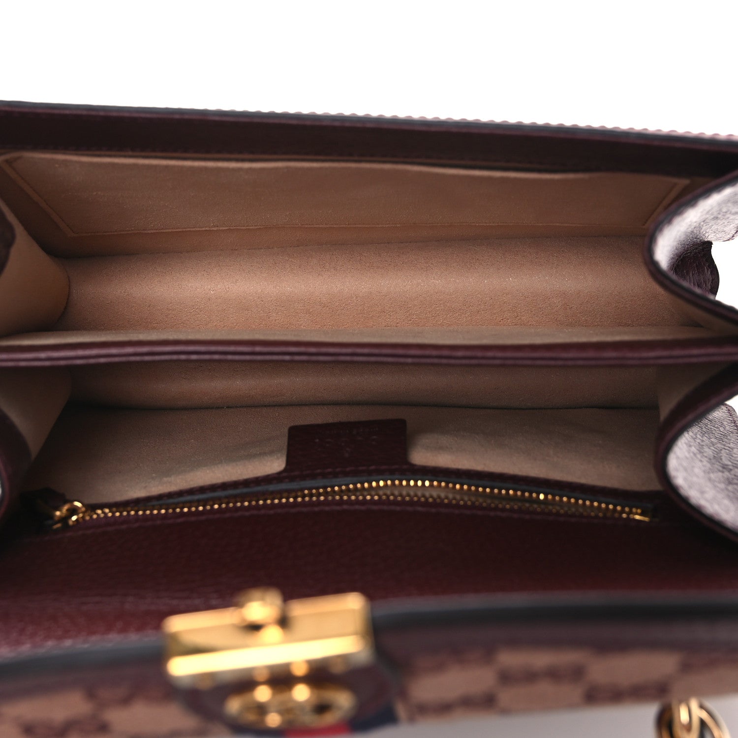 Gucci GG Supreme Monogram Textured Dollar Calfskin Web Small Ophidia Padlock Top Handle Bag Bordeaux 5 of 10