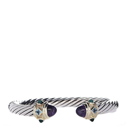 David Yurman Sterling Silver 14K Yellow Gold Amethyst Emerald Topaz 7mm Cable Renaissance Bracelet 1 of 3