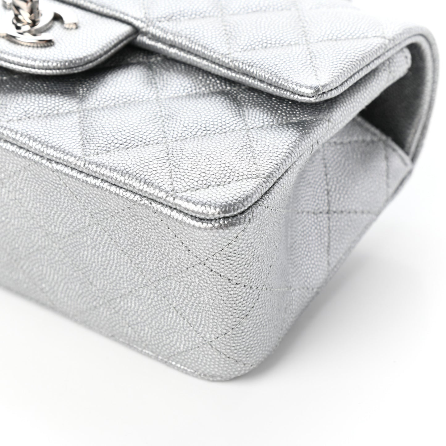 Metallic Caviar Quilted Mini Top Handle Rectangular Flap Silver