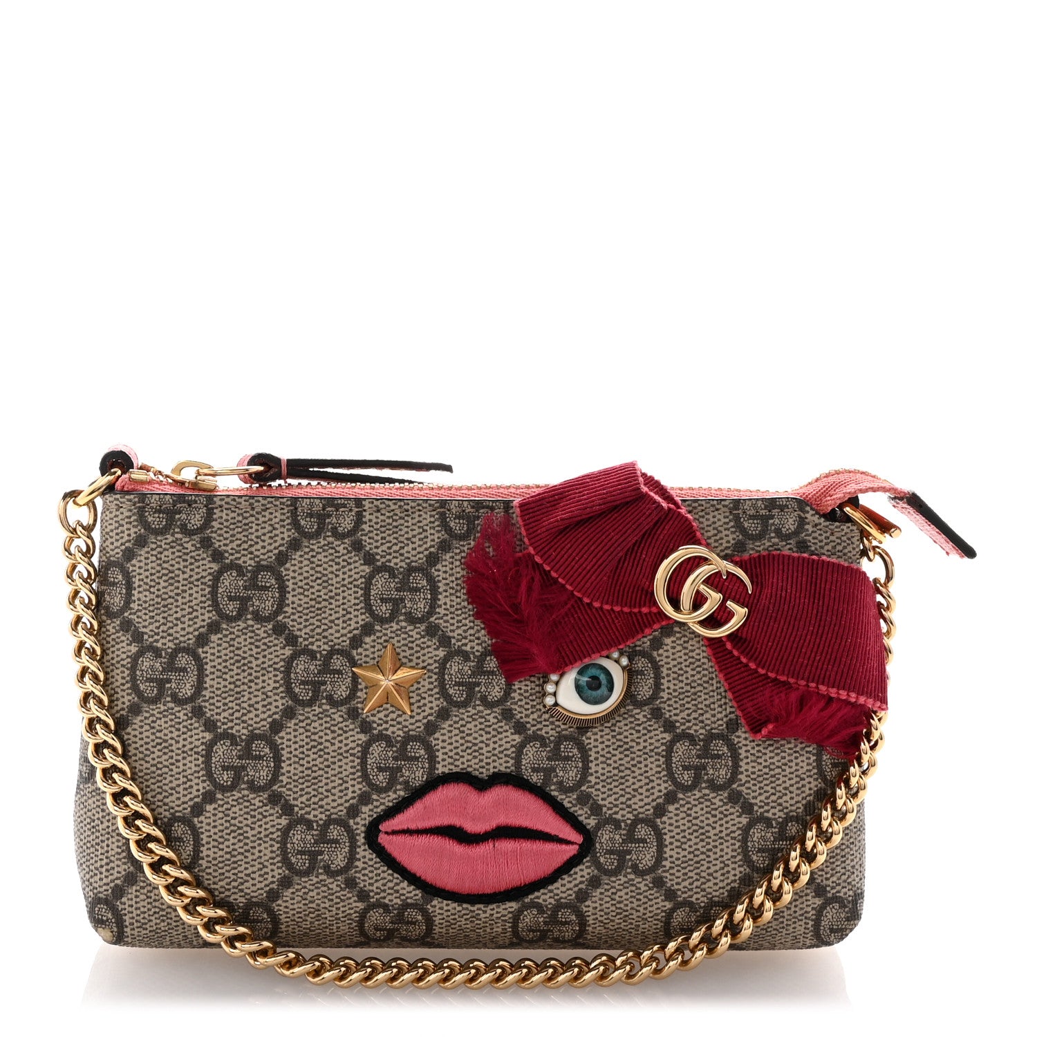 Gucci GG Supreme Monogram Embroidered Face Chain Pouch Pink 1 of 7