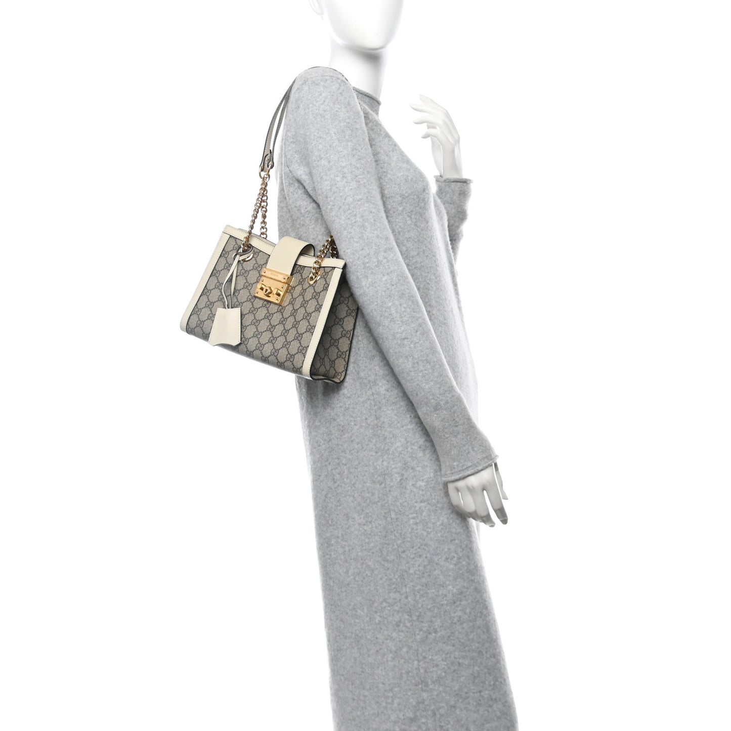 GG Supreme Monogram Moon Calfskin Small Padlock Tote Beige Ebony Mystic White