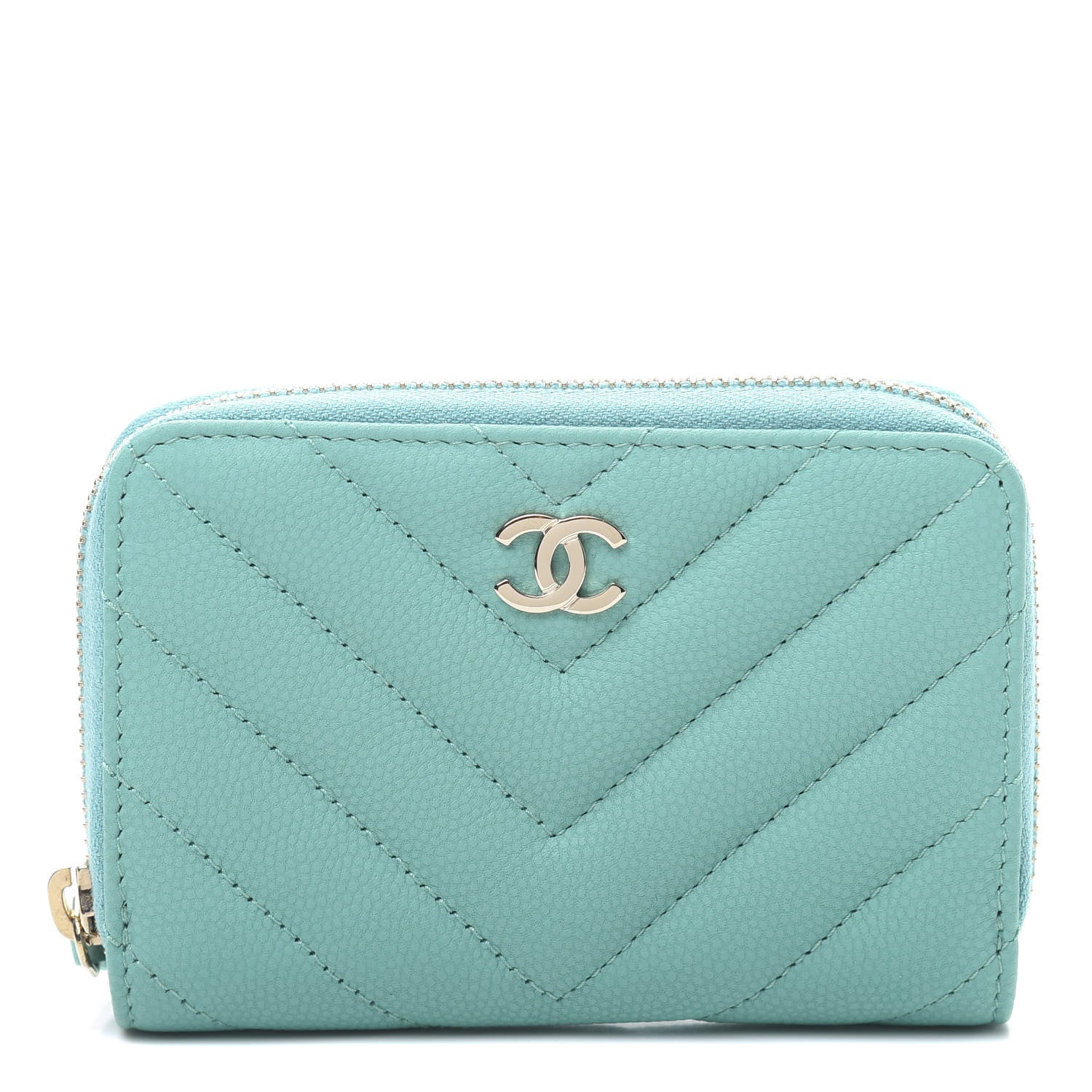 Chanel Caviar Flat Chevron Quilted Zip Coin Purse Green 1 of 8