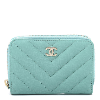 Chanel Caviar Flat Chevron Quilted Zip Coin Purse Green 1 of 8