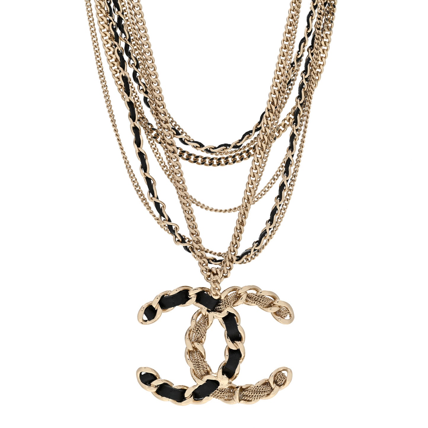 Lambskin Chain CC Multi Strand Necklace Gold Black