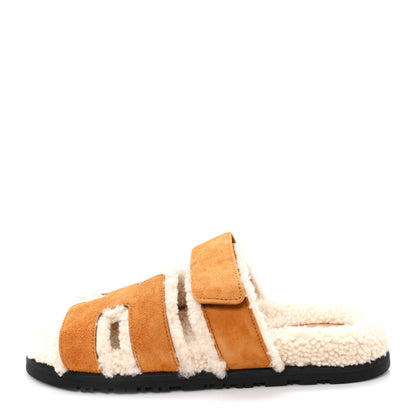 Hermes Suede Goatskin Woolskin Womens Chypre Sandals 37 Naturel Ecru 1 of 9