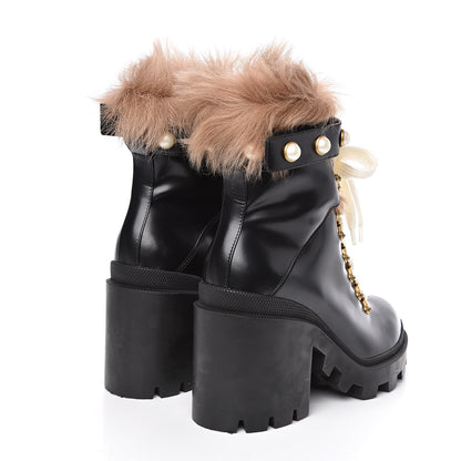 Gucci Magnum Calfskin Fur Pearl Lace Up Combat Ankle Boots 39.5 Black Naturale 4 of 7