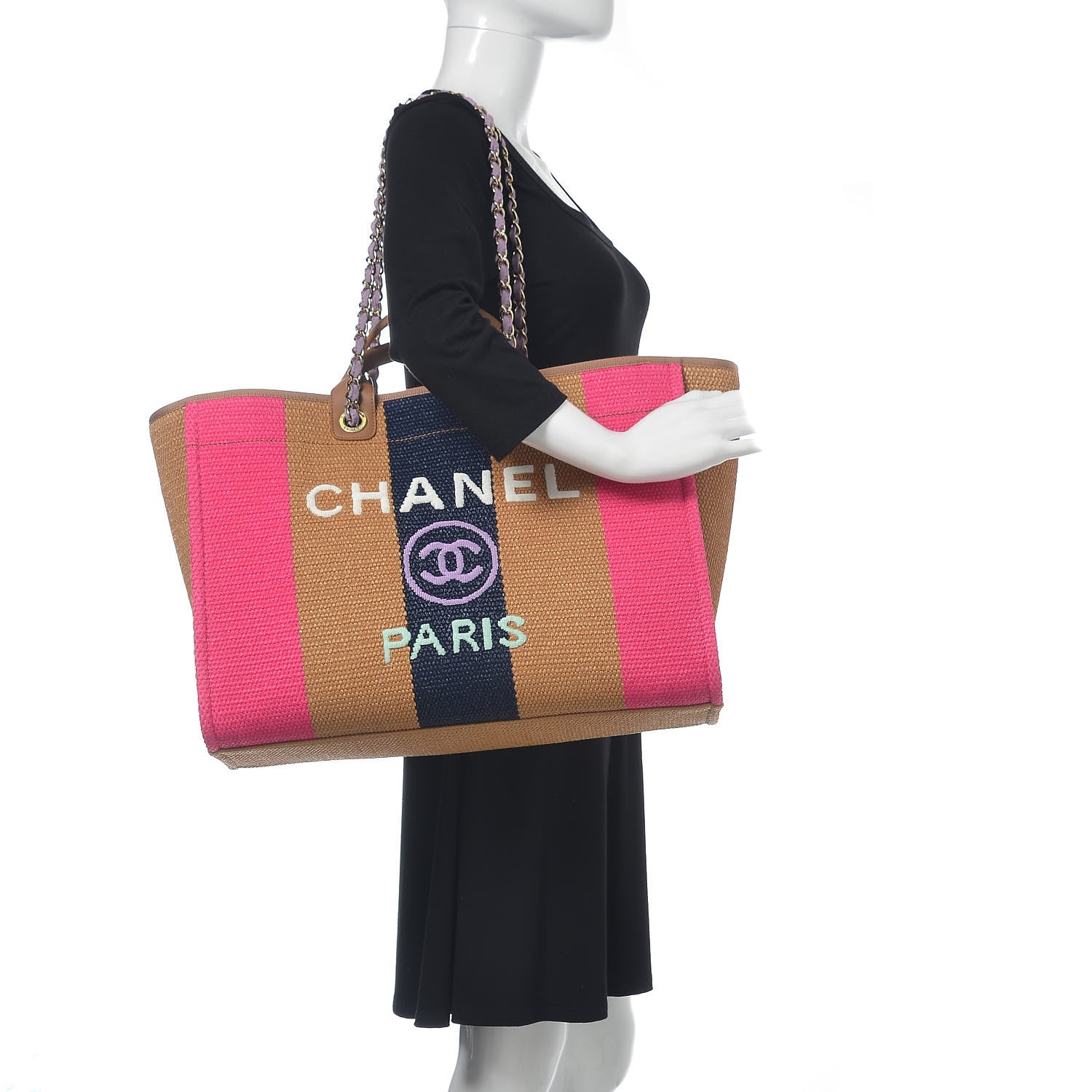 Chanel Straw Raffia Calfskin Striped Large Deauville Tote Dark Beige Fuchsia Navy Blue 2 of 9
