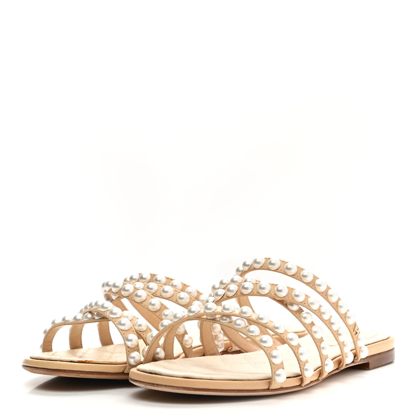 Crackled Lambskin Pearl Mule Sandals 35.5 Beige