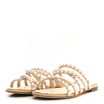 Chanel Crackled Lambskin Pearl Mule Sandals 35.5 Beige 3 of 11