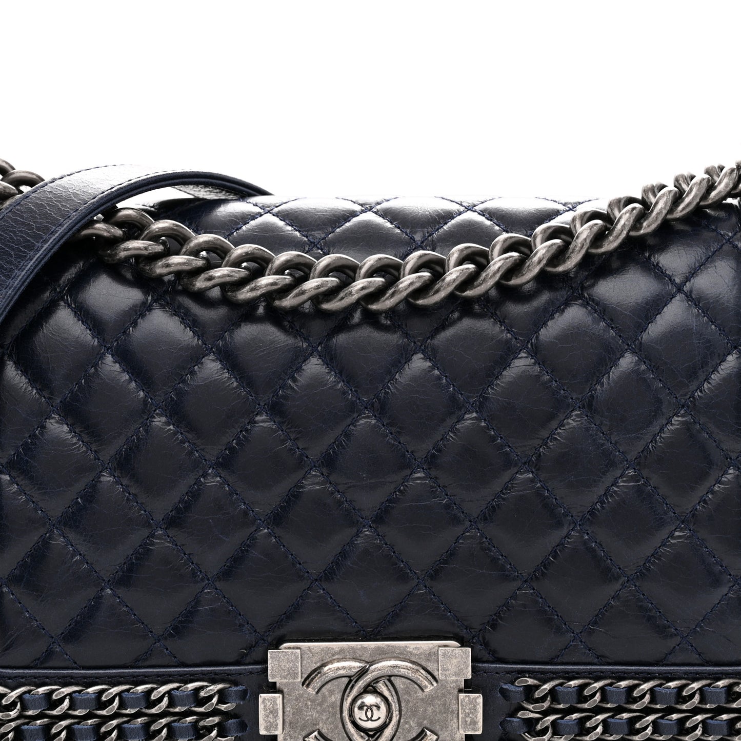 Glazed Calfskin Quilted Medium Boy Chained Flap Blue