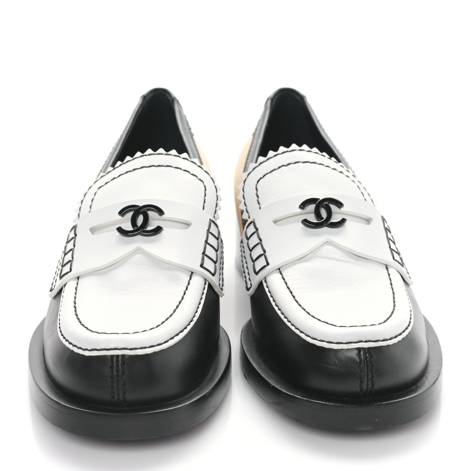 Chanel Calfskin CC Loafers 36.5 Black White Beige 2 of 8