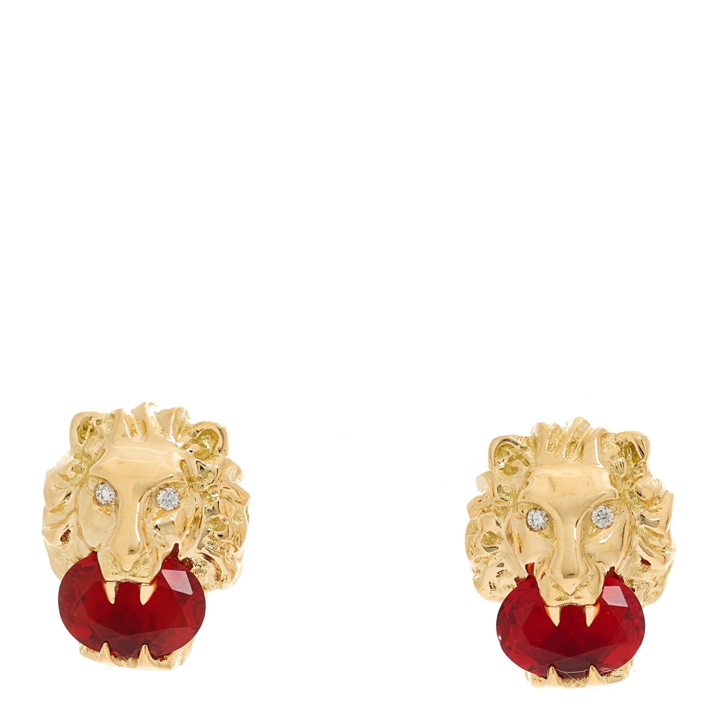 18K Yellow Gold Diamond Fire Opal Lion Head Stud Earrings