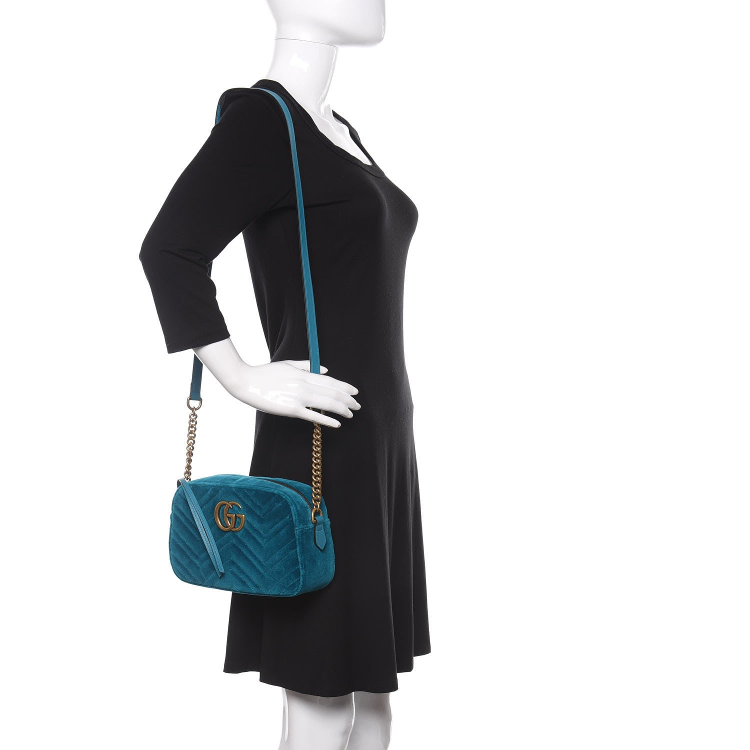 Gucci Velvet Matelasse Small GG Marmont Chain Shoulder Bag Pavone Cyan 2 of 11