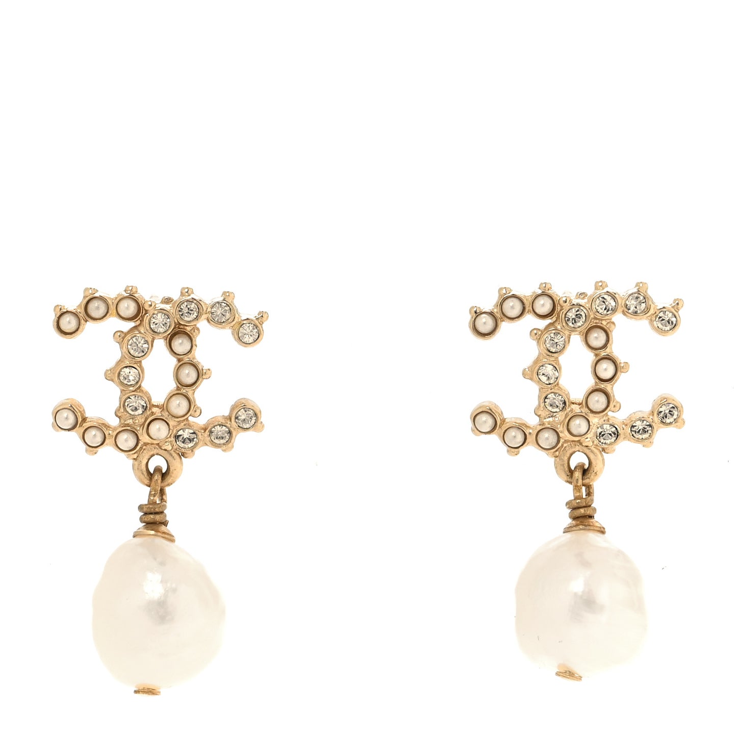 Crystal Pearl CC Drop Earrings Gold