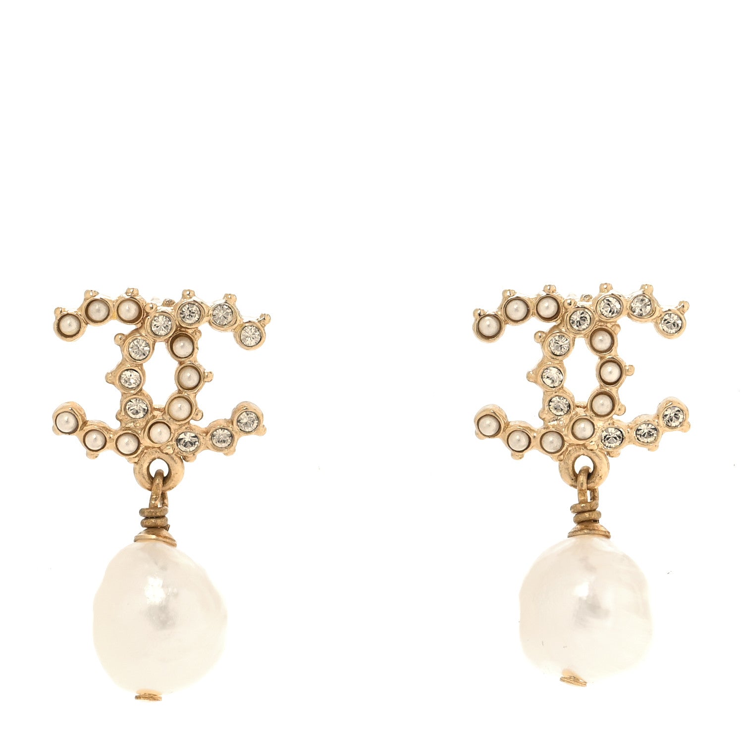 Chanel Crystal Pearl CC Drop Earrings Gold 1 of 5