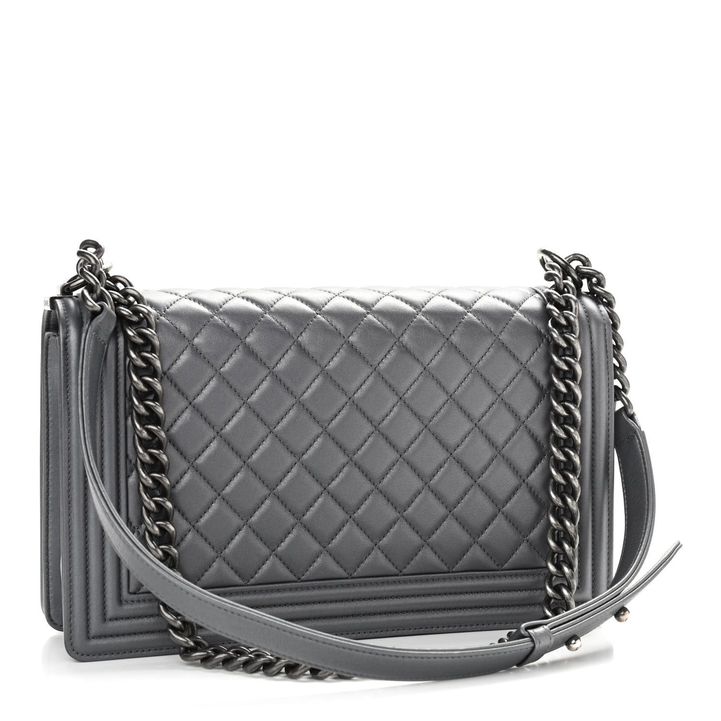 Metallic Lambskin Quilted New Medium Boy Flap Dark Silver