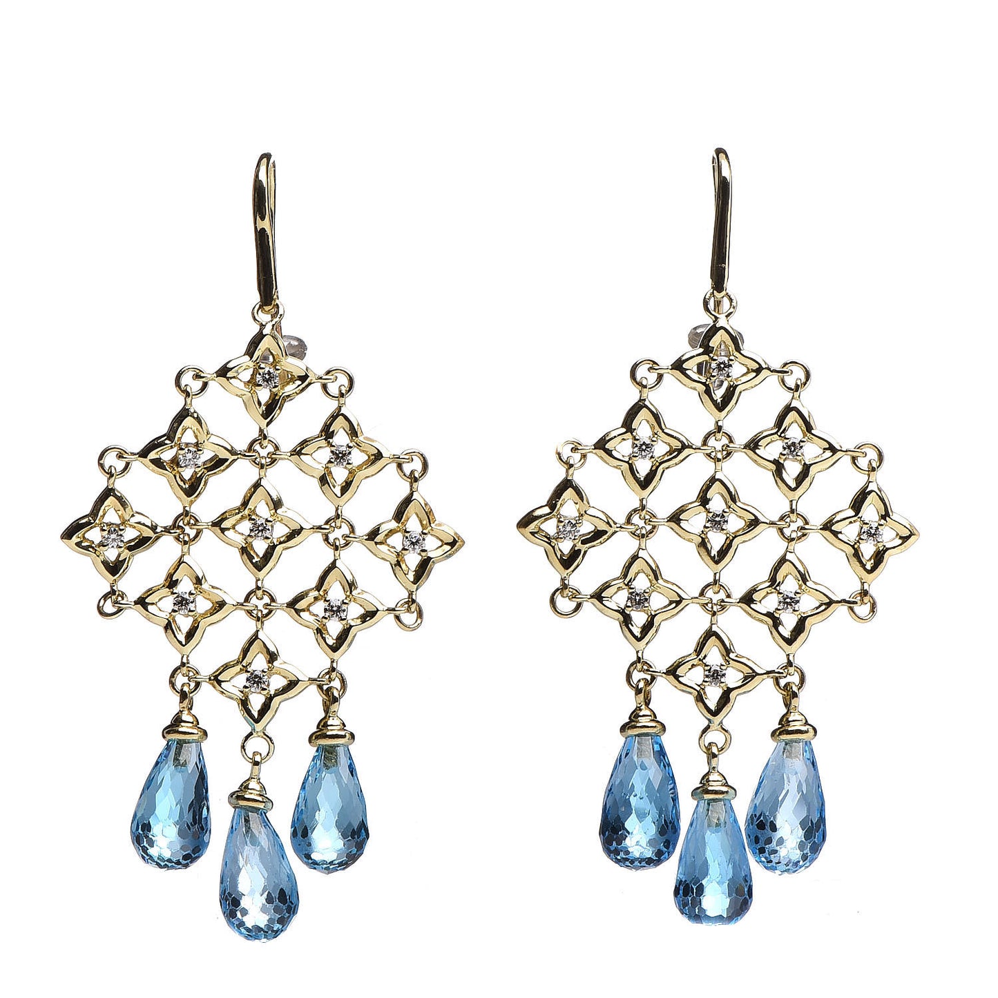 18K Yellow Gold Diamond Blue Topaz Quatrefoil Drop Earrings