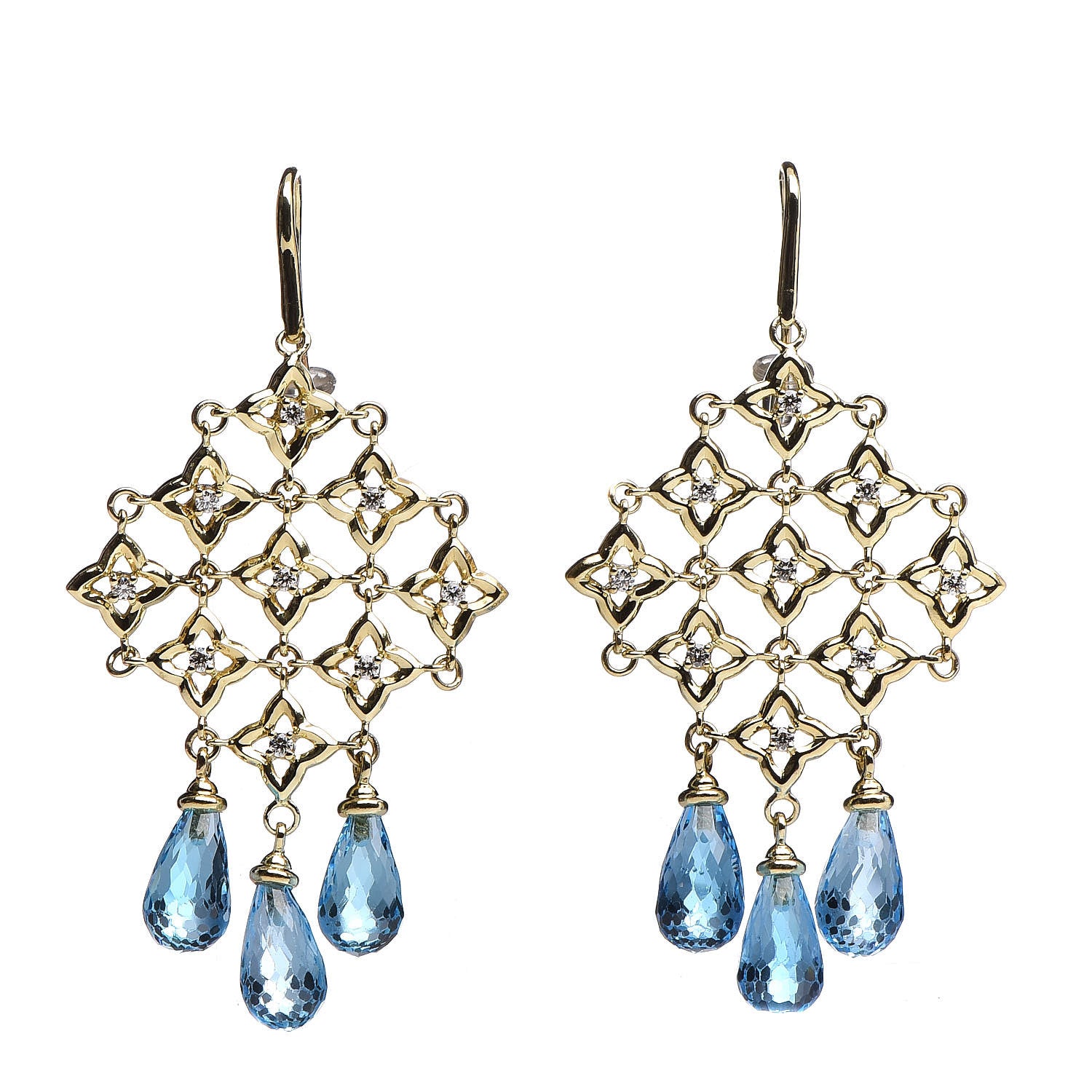 David Yurman 18K Yellow Gold Diamond Blue Topaz Quatrefoil Drop Earrings 1 of 3