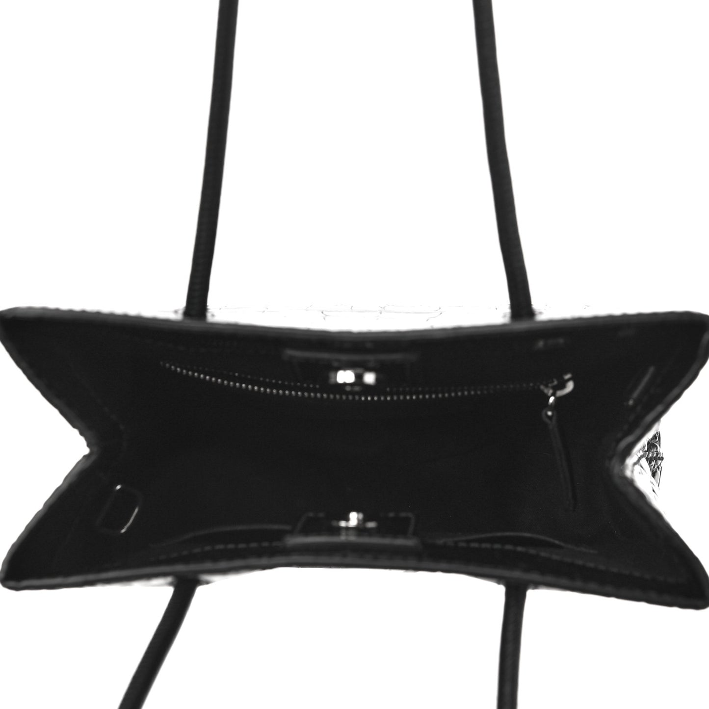 Shiny Calfskin Logo Crocodile Embossed North South Shopper Tote XXS Black White