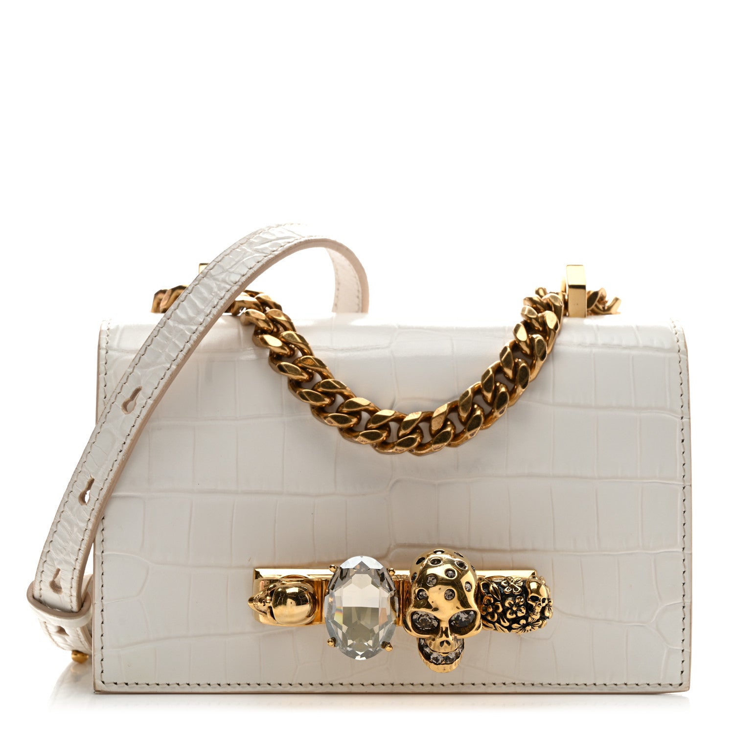 Alexander McQueen Calfskin Crocodile Embossed Mini Jeweled Satchel Deep Ivory 1 of 10
