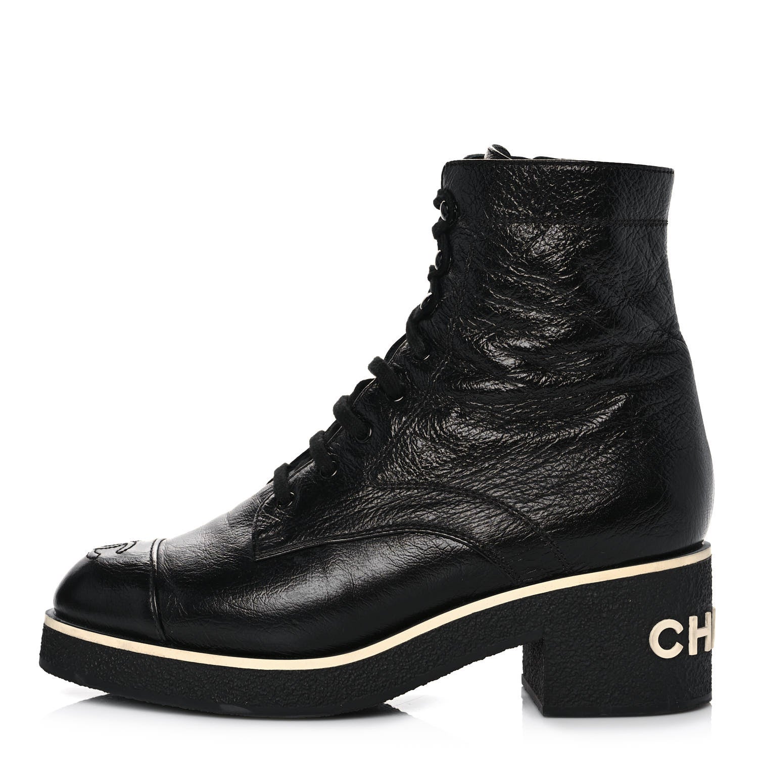 Chanel Shiny Crumpled Lambskin Lace Up Combat Boots 41.5 Black 1 of 9