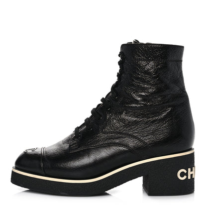 Chanel Shiny Crumpled Lambskin Lace Up Combat Boots 41.5 Black 1 of 9